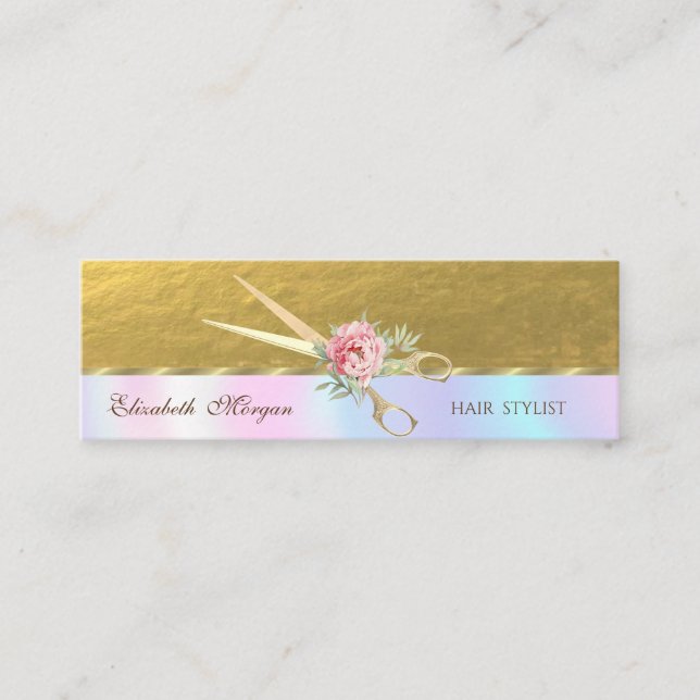 Carte De Visite Mini Ciseaux élégants dorés faux, Rose, Holographiques (Devant)