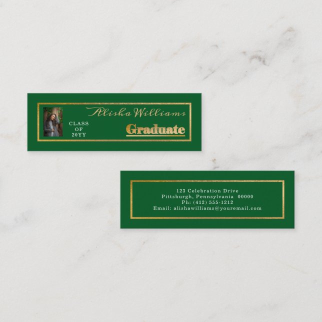 Carte De Visite Mini Classy Elegant Gold Text Graduate Photo Green (Devant / Derrière)