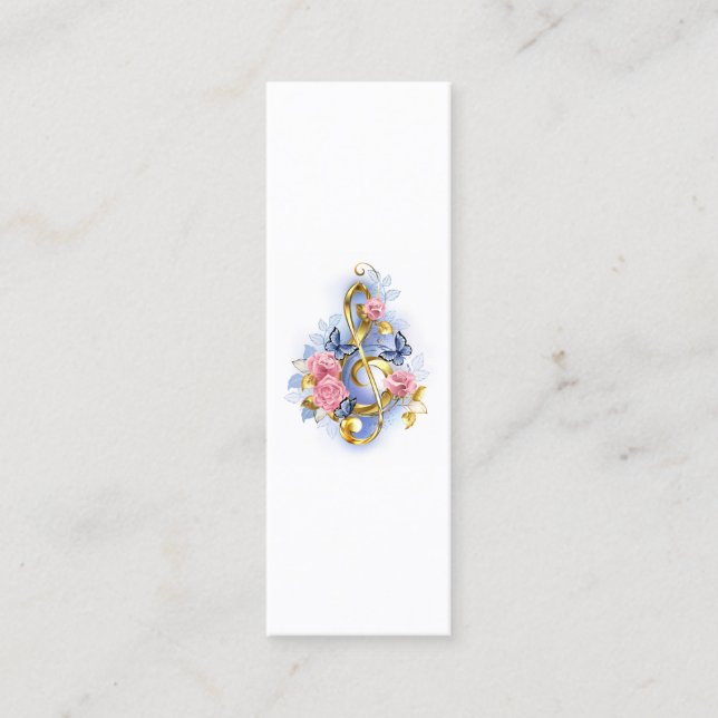 Carte De Visite Mini Clé de sol avec roses roses (Devant)