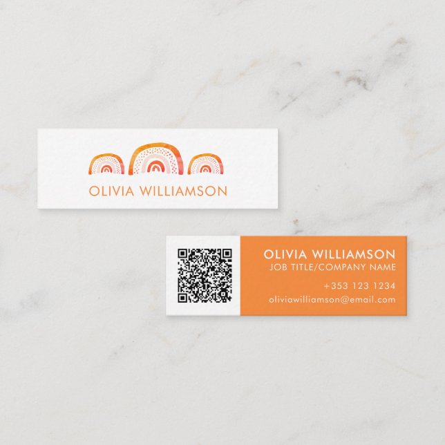 Carte De Visite Mini Code QR à l'aquarelle arc-en-ciel orange moderne (Devant / Derrière)