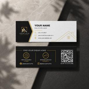 Carte De Visite Mini Code QR de Luxe Immobilier Or Noir Moderne