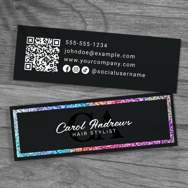 Carte De Visite Mini Code QR de Modern Rainbow Glitter & Black Coiffeur (Créateur téléchargé)