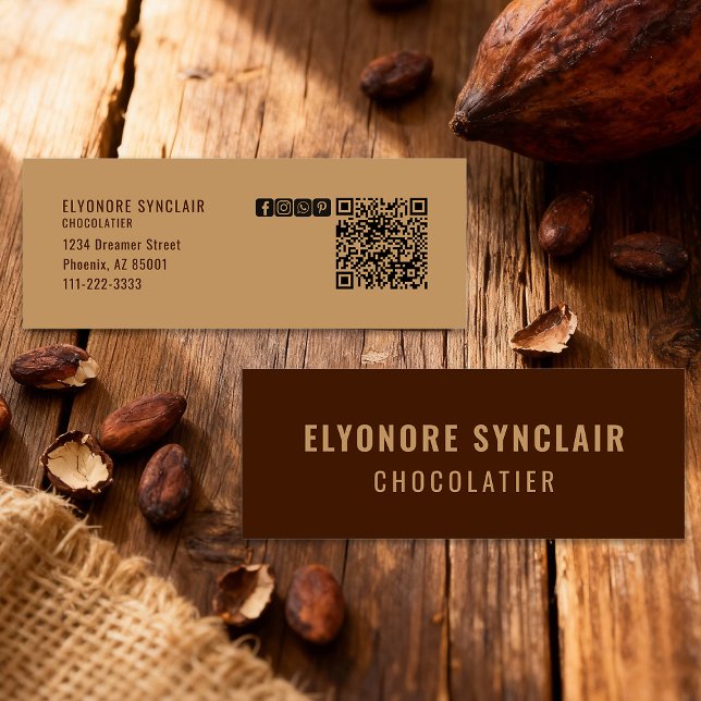 Carte De Visite Mini Code QR d'icône sociale Chocolatier Brun Élégant  (Créateur téléchargé)