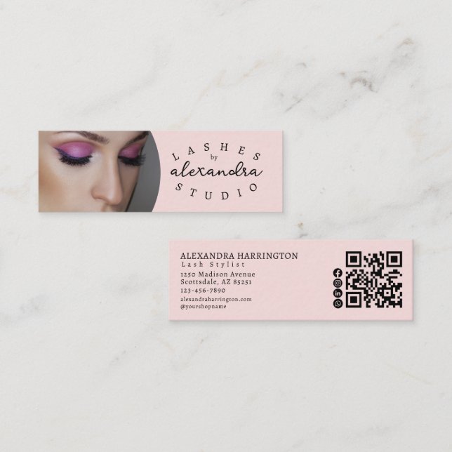 Carte De Visite Mini Code QR d'icône sociale de script rose Blush Photo (Devant / Derrière)