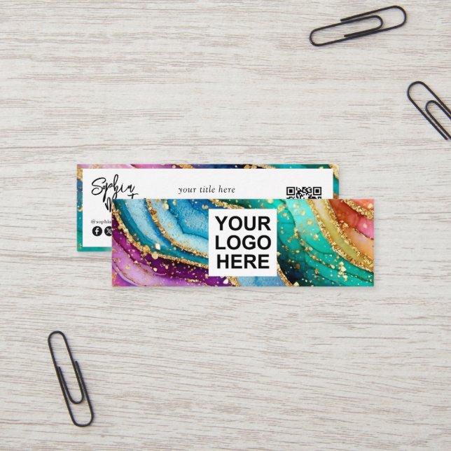 Carte De Visite Mini Code QR & Logo Élégant Agate arc-en-ciel paillette (Devant/Arrière en situation)