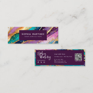 Carte De Visite Mini Code QR & Logo Élégant Agate arc-en-ciel paillette
