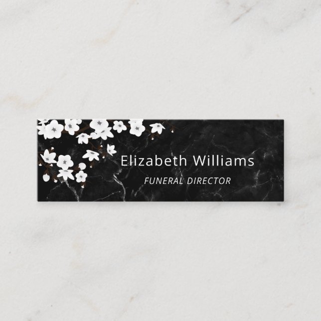 Carte De Visite Mini Code QR Marbre Noir Fleur de Cerisier Blanc (Devant)