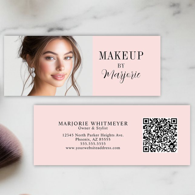 Carte De Visite Mini Code QR photo écriture noir rose rougissant Maquil (modern black blush pink script photo qr code makeup mini business card elegant)