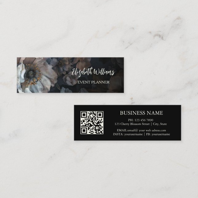 Carte De Visite Mini Code QR | Rose blanche Noir (Devant / Derrière)