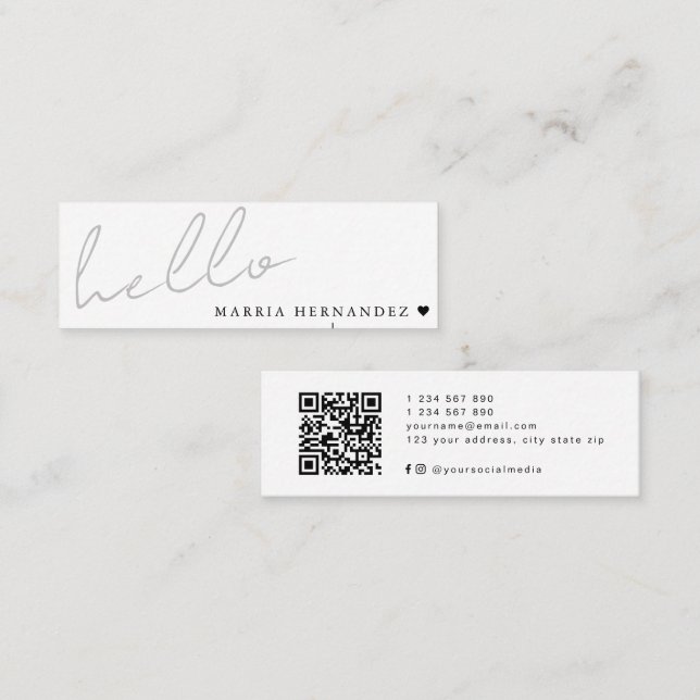 Carte De Visite Mini Coeur de code QR moderne Hello minimal (Devant / Derrière)