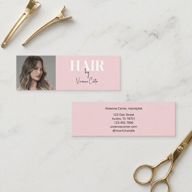 Carte De Visite Mini Coiffeur Photo Écriture Rose Pâle Noir (Blush Pink Black Script Photo Hair Stylist Mini Business Card)