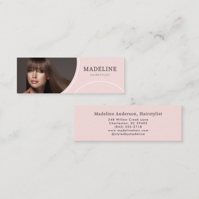 Carte De Visite Mini Coiffeur Photo Rose Pâle Moderne (Devant / Derrière)