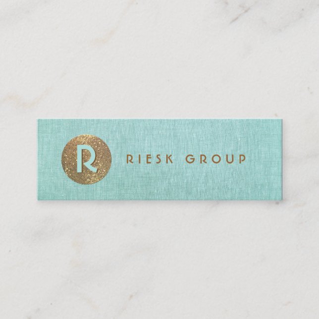 Carte De Visite Mini Cool Retro Gold Monogramme Moderne Aqua Blue (Devant)