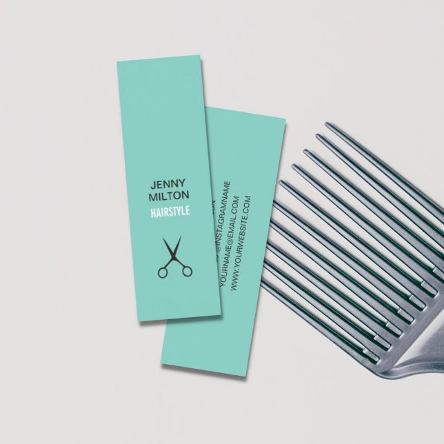 Carte De Visite Mini Cool Simple Bleu Ciseaux Noir Coiffeur (Créateur téléchargé)