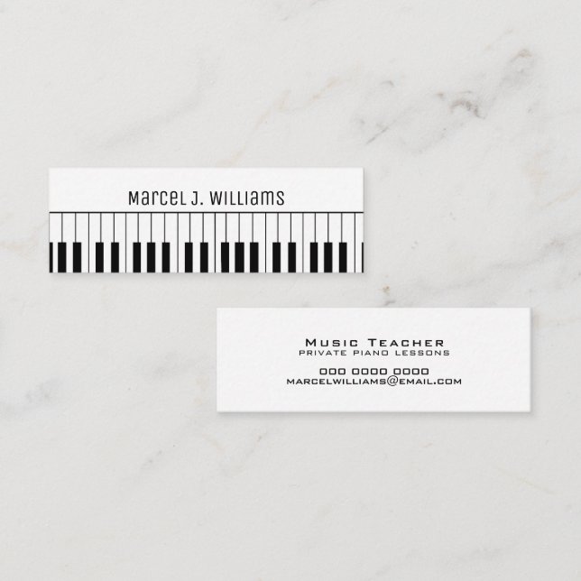 Carte De Visite Mini Cours de piano Professeur de musique blanc (Devant / Derrière)