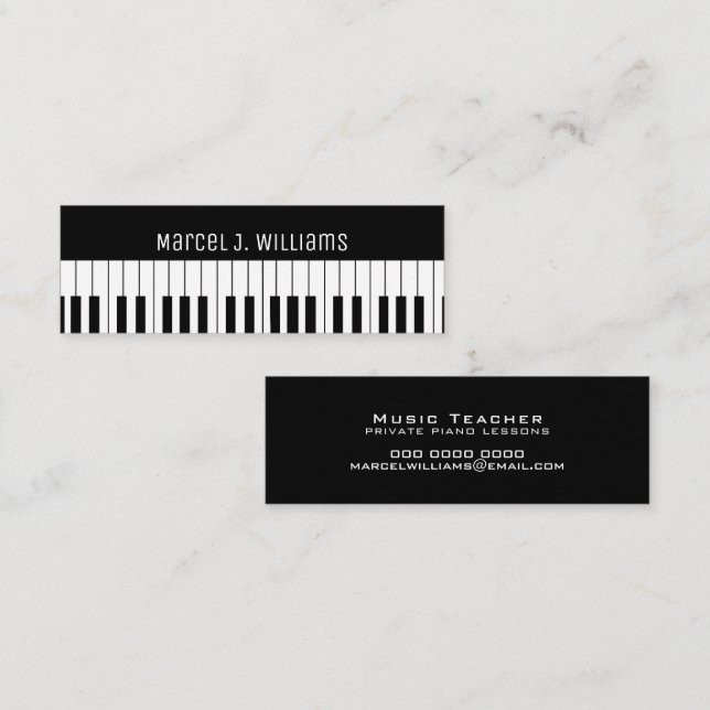 Carte De Visite Mini Cours de Piano Professeur de Musique Noir (Devant / Derrière)