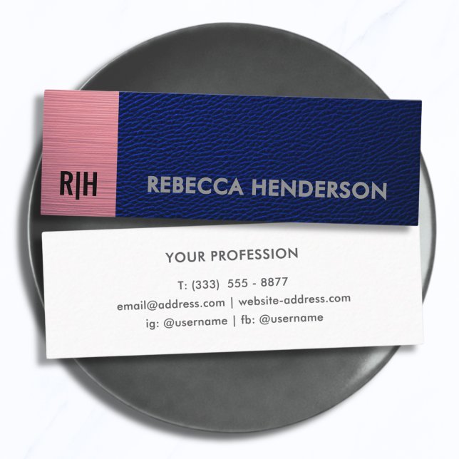 Carte De Visite Mini Cuir Navy Blue Premium & Panneau Rose Monogramme (Créateur téléchargé)