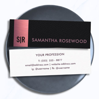 Carte De Visite Mini Cuir Noir avec Monogramme Rose Brossé de Luxe 