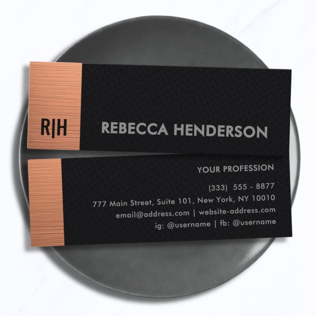 Carte De Visite Mini Cuir Noir et Or Rose Luxe Monogramme (Créateur téléchargé)