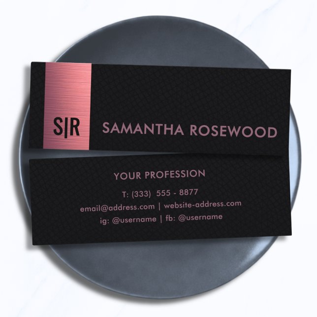 Carte De Visite Mini Cuir Noir et Panneau Rose Brossé Monogramme Mini (Créateur téléchargé)