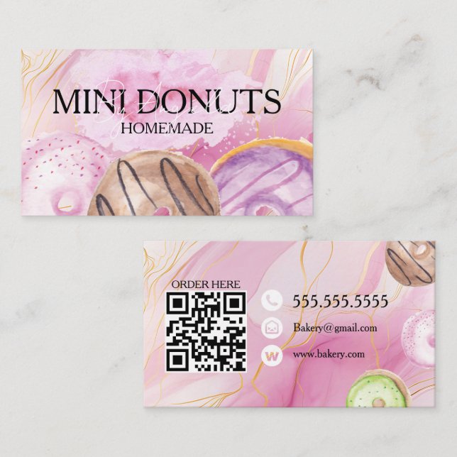 Carte De Visite Mini Donuts Boulangerie Traités Aquarelle (Devant / Derrière)