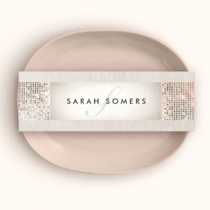 Carte De Visite Mini Élégant Beige rayé, FAUX Séquin Argent Monogramme