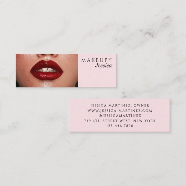 Carte De Visite Mini Elegant Blush Pink Typography Photo Makeup (Devant / Derrière)