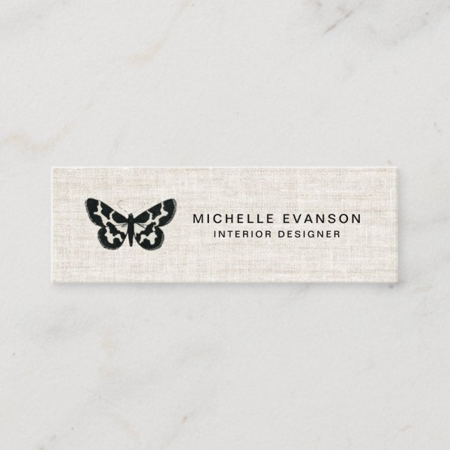 Carte De Visite Mini Élégant logo de papillon noir Tan Linen Look (Devant)
