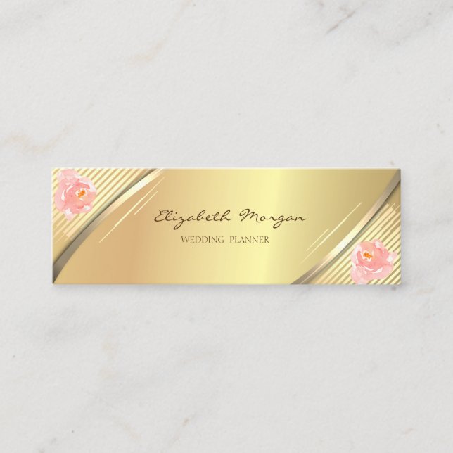 Carte De Visite Mini Élégant Tendance, Rayures Faux Or, Roses (Devant)