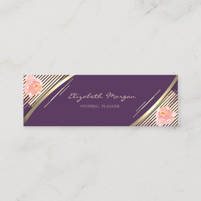 Carte De Visite Mini Elégant tendance, Violet, Faux Gold Stripes, Rose (Devant)