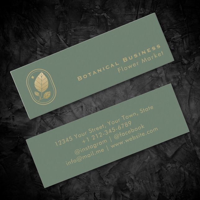 Carte De Visite Mini Élégante feuille d'or minimal botanique vert (Elegant Gold Leaf Minimal Botanical Green Mini Business Card)