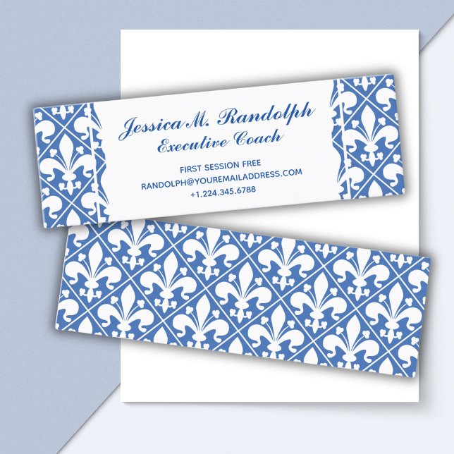 Carte De Visite Mini Elégante Fleur de Lys Executive Blue and White (Créateur téléchargé)