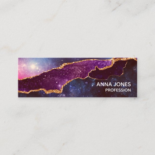 Carte De Visite Mini Espace bleu et violet et étoiles avec ruban or (Devant)