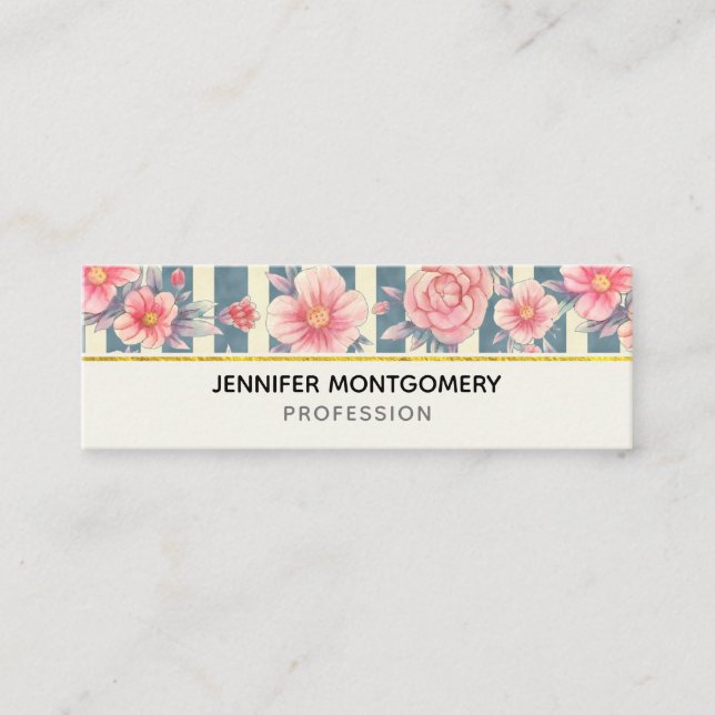 Carte De Visite Mini Fleurs aquarelles roses sur rayures (Devant)