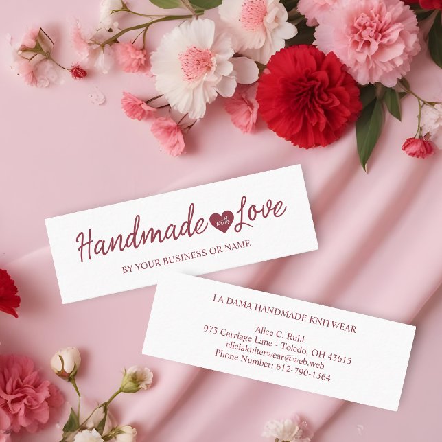 Carte De Visite Mini Handmade with Love Quote for Artisans Items in Red (Handmade with Love quote for artisan items. Perfect for its small size to discreetly.)