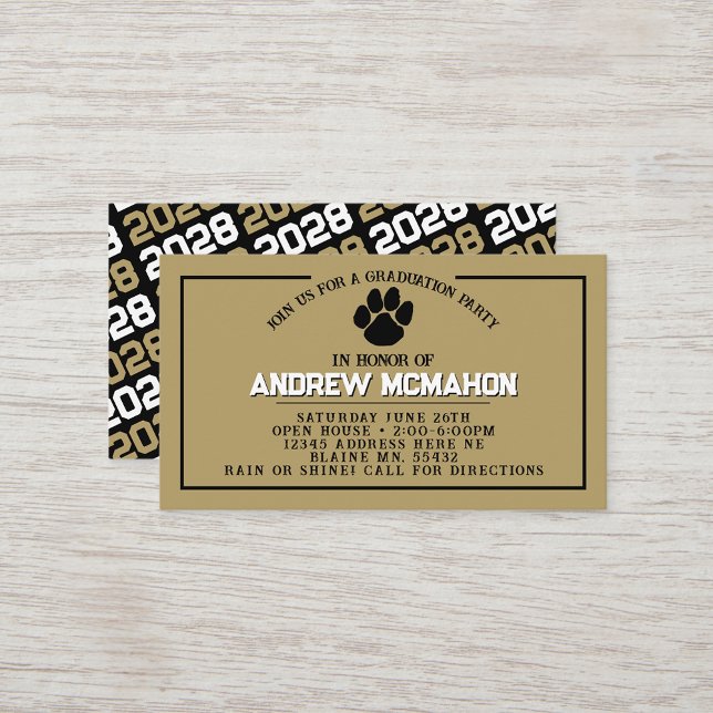 Carte De Visite Mini-Invitations de la Pawprint Black & Gold (Black, White & Bronze Gold Pawprint Mini Graduation Invites for Friends, Team Mates or as Inserts!)