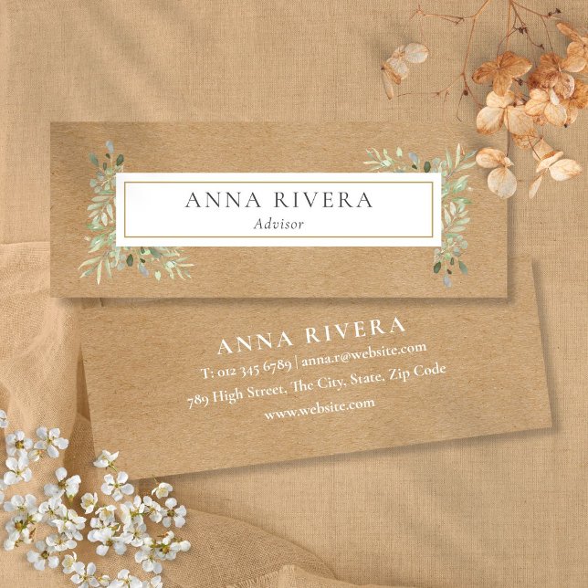 Carte De Visite Mini Kraft rustique aquarelle verdure Professionnel  (Rustic Kraft Watercolor Greenery Professional Mini Business Card)