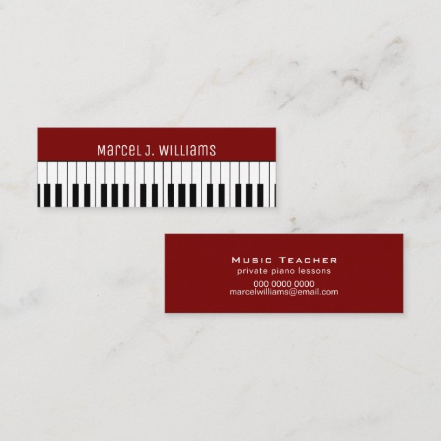 Carte De Visite Mini Leçons de piano Professeur de musique rouge foncé (Devant / Derrière)