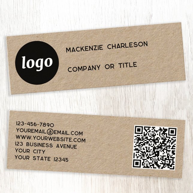 Carte De Visite Mini Logo simple et code QR Kraft (Logo QR code and text custom kraft mini business card)