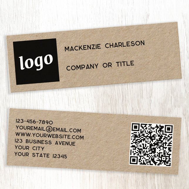 Carte De Visite Mini Logo simple et code QR Kraft (Logo QR code and text custom Kraft business cards)