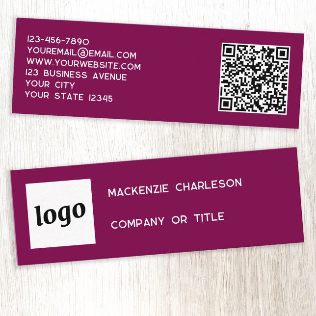 Carte De Visite Mini Logo simple et code QR Magenta Cherry Pink (Simple logo QR code custom text professional branding mini business card dark cherry pink magenta)