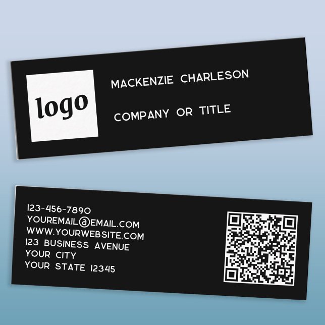 Carte De Visite Mini Logo Simple et Code QR Noir (Logo QR code and text custom black mini business card)
