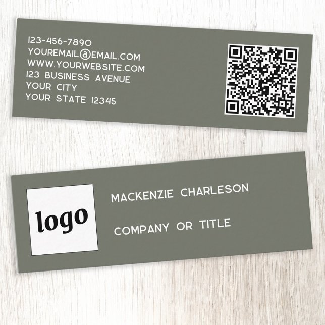 Carte De Visite Mini Logo simple et code QR Sage Green (Logo QR code with custom text sage green minimalist modern mini business card)