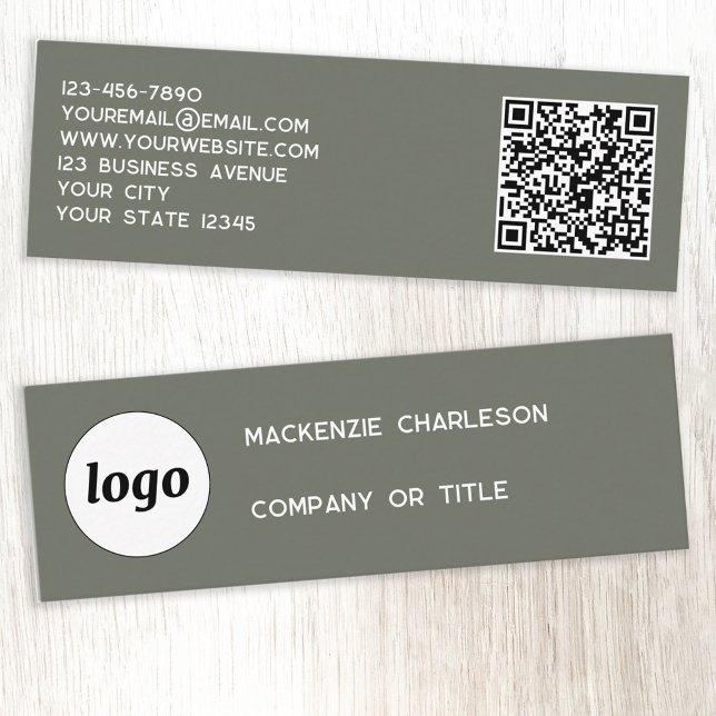 Carte De Visite Mini Logo simple et code QR Sage Green (Logo QR code with custom text sage green minimalist modern business card)
