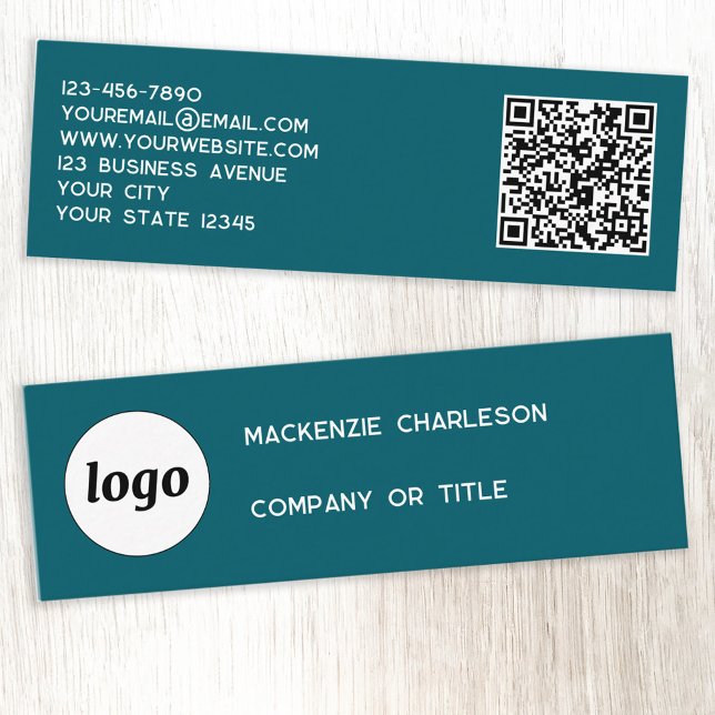 Carte De Visite Mini Logo simple et code QR Vert Turquoise (Simple logo QR code custom text professional branding mini business card teal green)