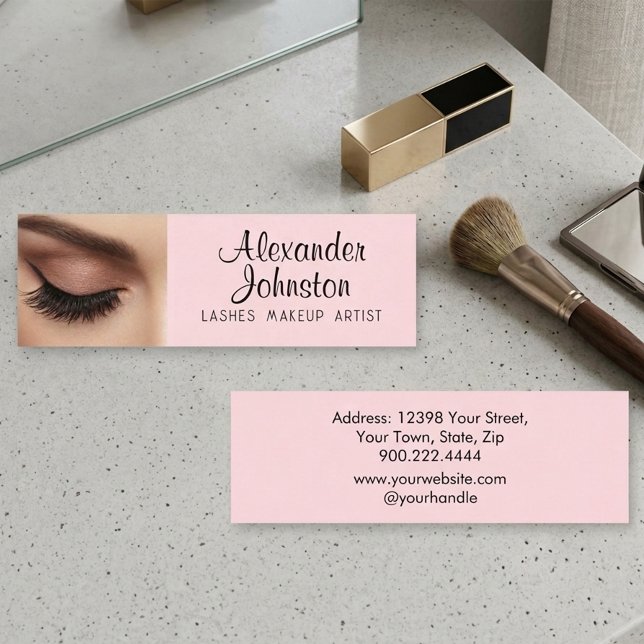 Carte De Visite Mini Maquilleuse Cils Rose Pâle Professionnel (Lashes Makeup Artist Blush Pink Professional SEO Mini Business Card)
