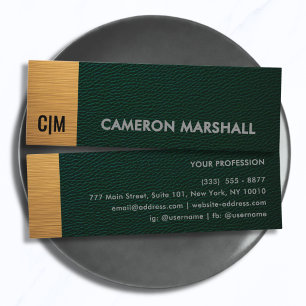 Carte De Visite Mini Marque Verte en Cuir avec Panneau Doré Métallisé