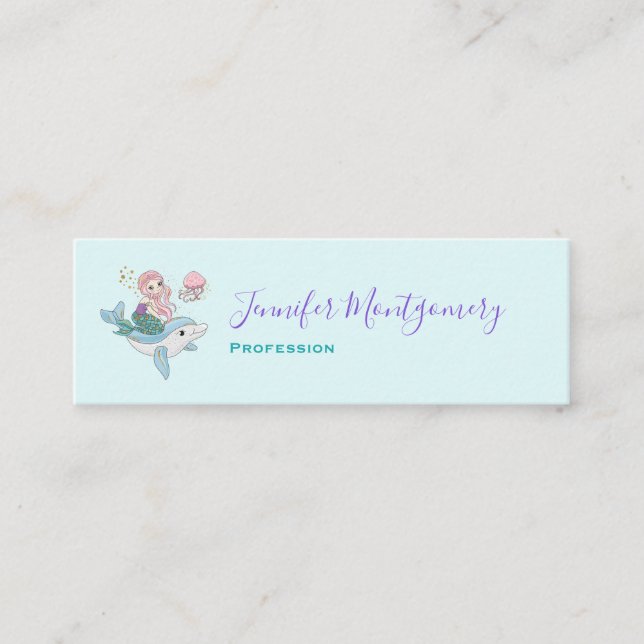 Carte De Visite Mini Mignonne sirène chevauchant un dauphin sous la mer (Devant)