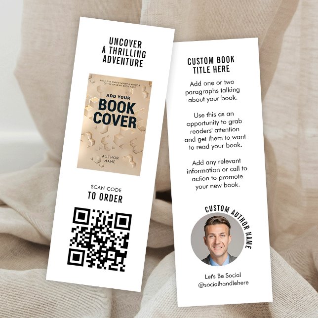 Carte De Visite Mini Modern Book Launch Author Photo Mini Bookmark Card (MINI 3x1" Bookmark with custom author and book cover photos + fully editable text and QR code)