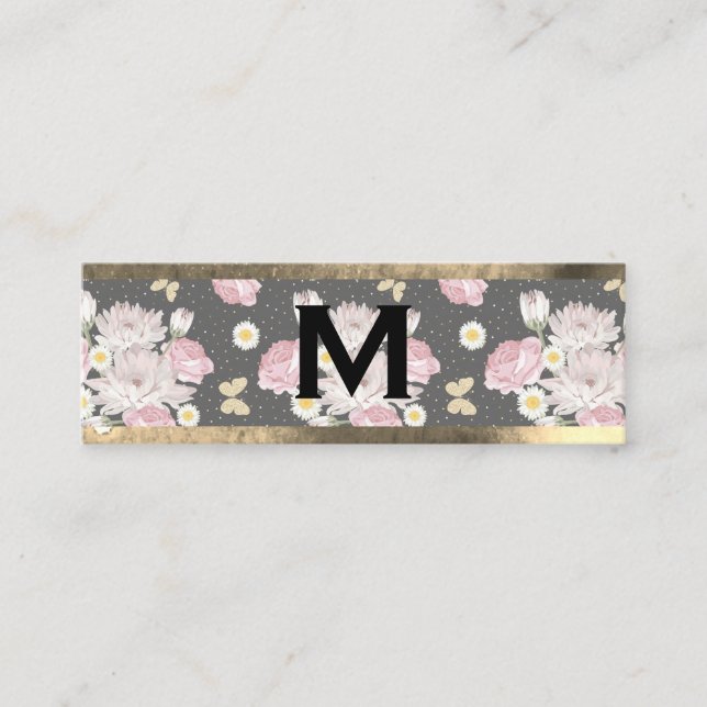 Carte De Visite Mini Monogram Or | Fleurs Roses (Devant)
